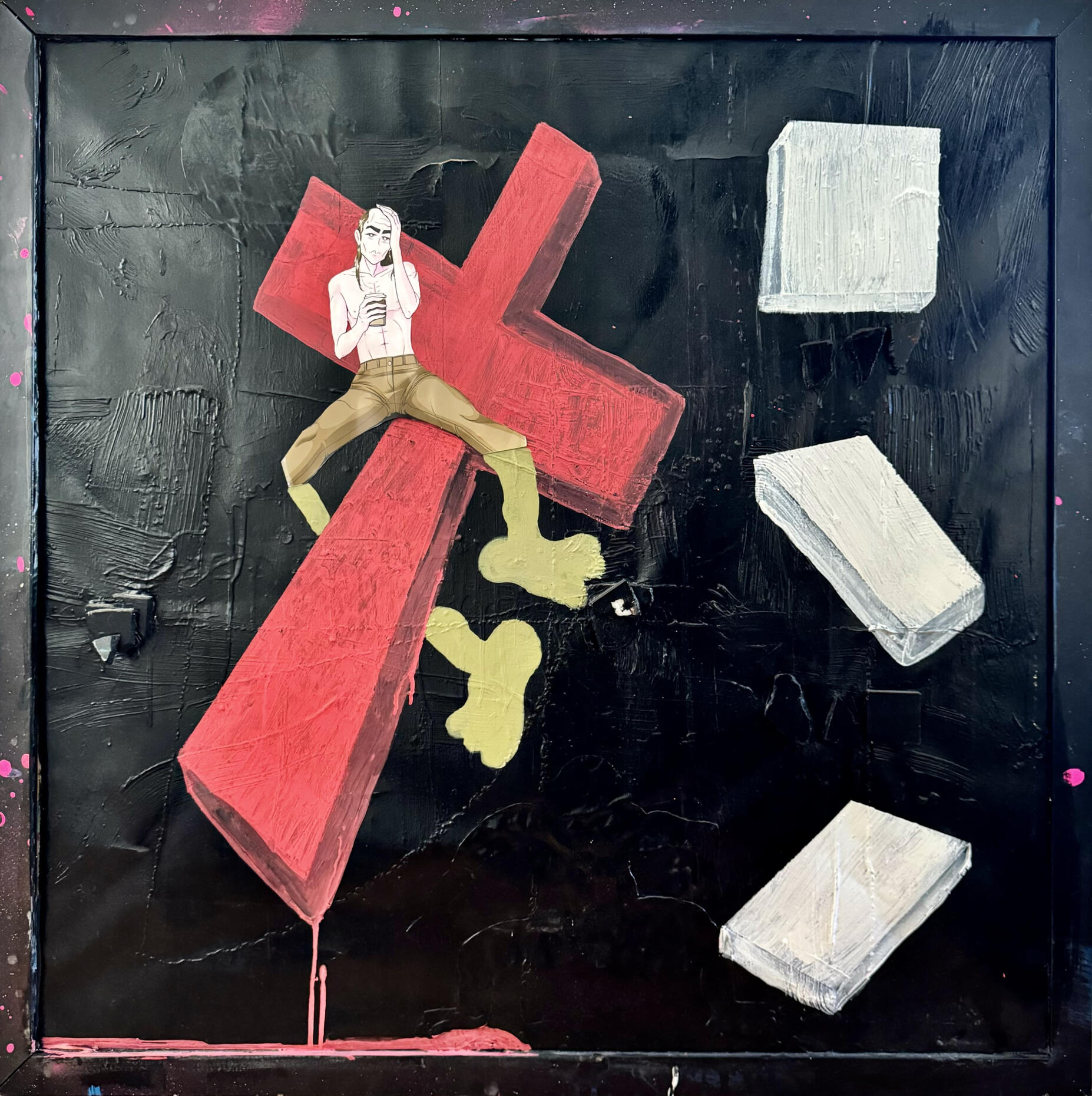 JESUS LOVES YOU, 2024, Mixed media on canvas - 35 in x 40 in x 1.5 in