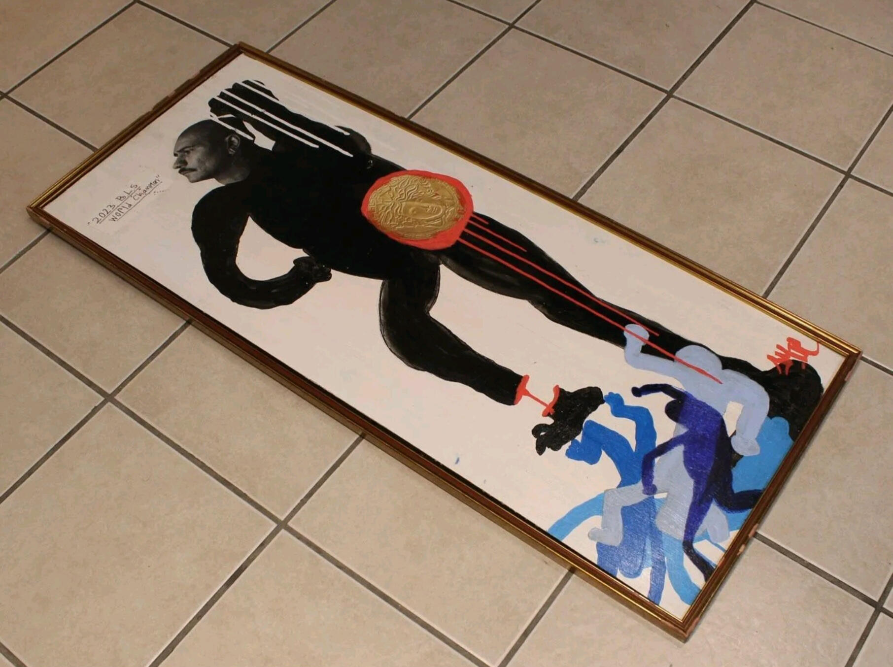 Prized Fighter, 2023 Mixed media on cardboard, in chipped wooden frame - 18 in x 40 in x 1 in