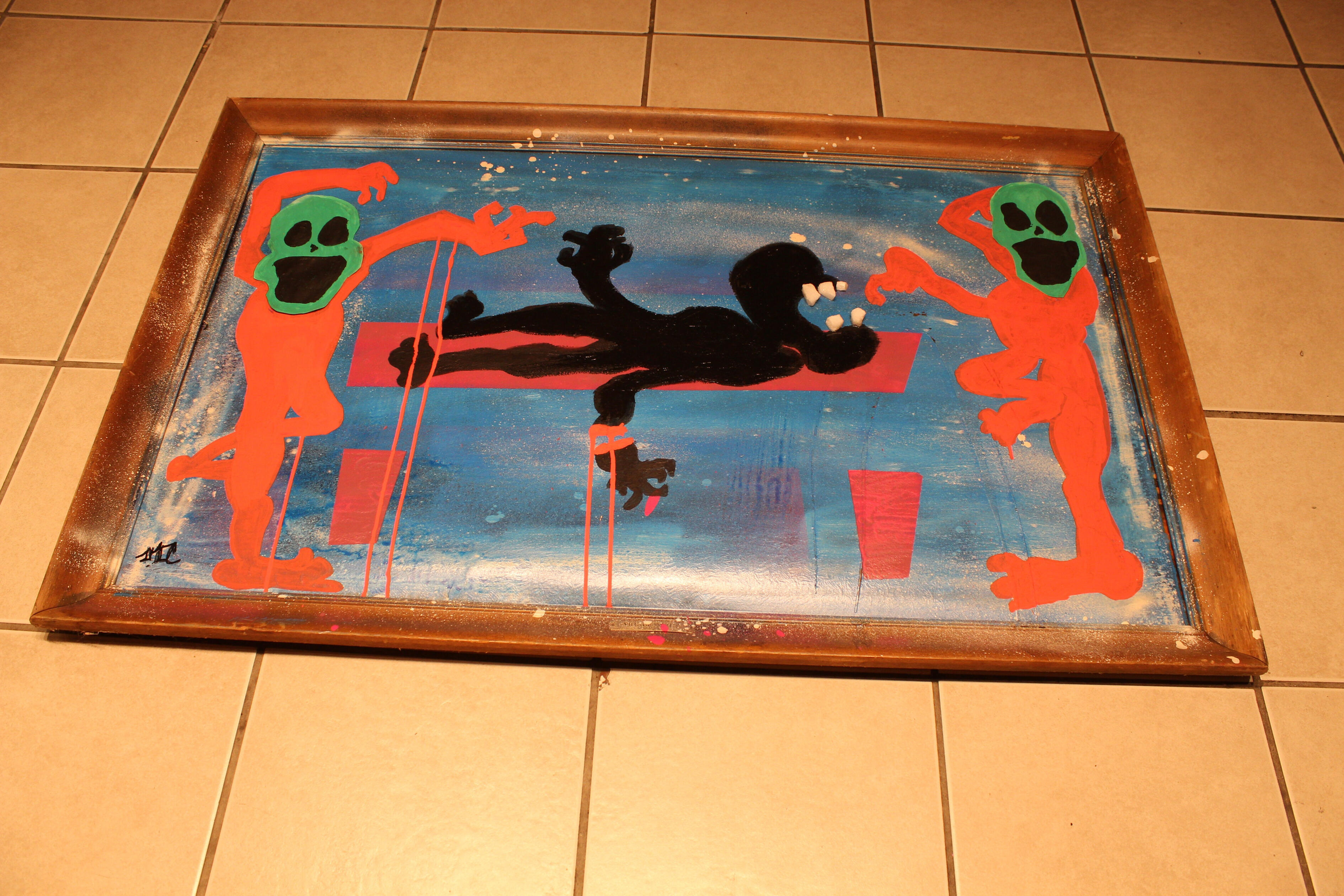 BLACK BOY ON RED DINING TABLE, 2024, Mixed media on cardboard, in wooden frame - 40 in x 25 in x 1.5 in
