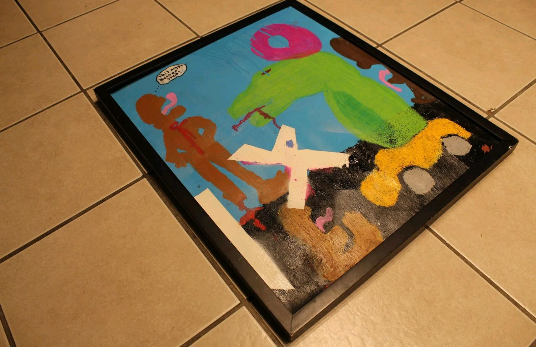 Don’t Wait Here, 2024 Mixed media on cardboard, in wooden frame - 20 in x 25 in x 1.5 in
