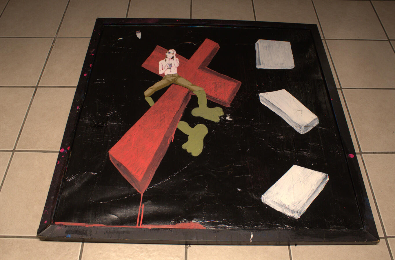 RELIGION, 2024, Mixed media on canvas in wooden frame - 35 in x 40 in x 1.5 in